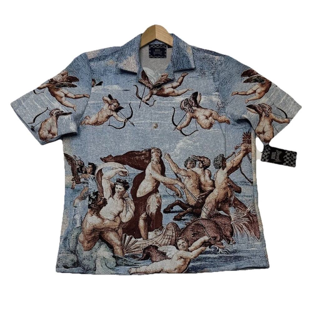 Rebel Vengeance Tapestry Shirt & Shorts Set Mens L Renaissance Angel Cherub Art - Picture 2 of 8